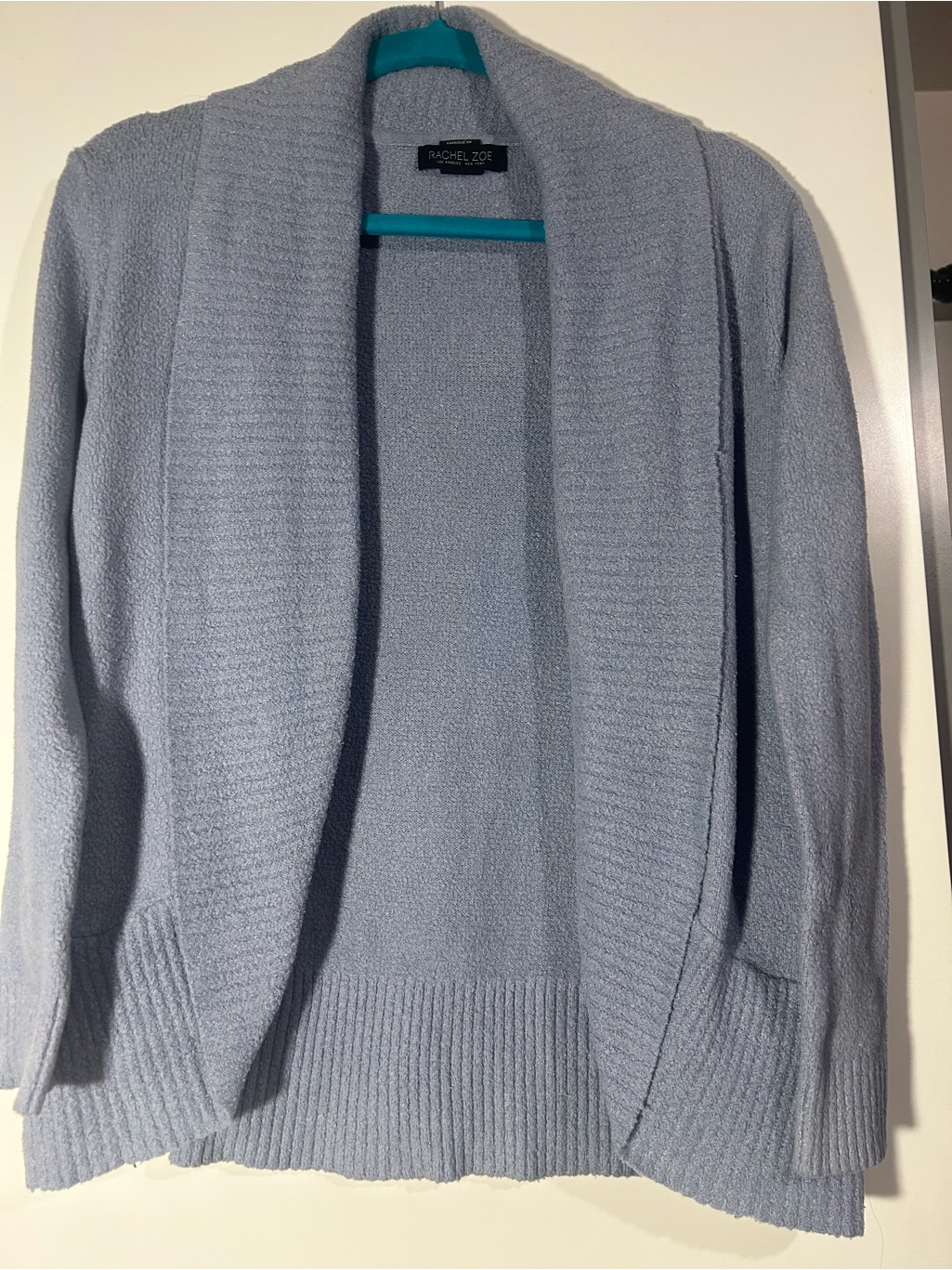 Rachel Zoe Dusty Blue Open-Front Shawl Collar Cardigan